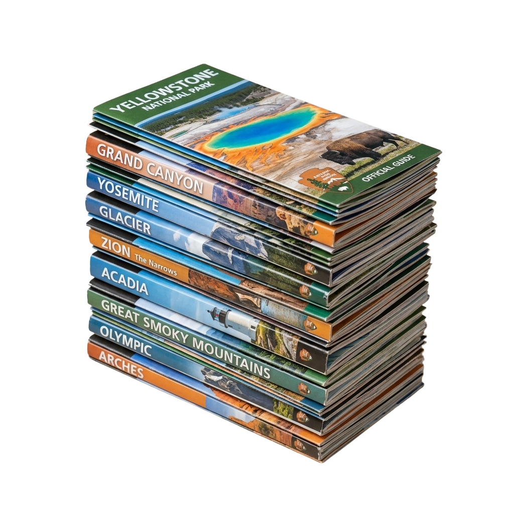 Stack of colorful official national park guidebooks showing covers for Yellowstone, Grand Canyon, Yosemite, Glacier, Zion, Acadia, Great Smoky Mountains, Olympic, and Arches