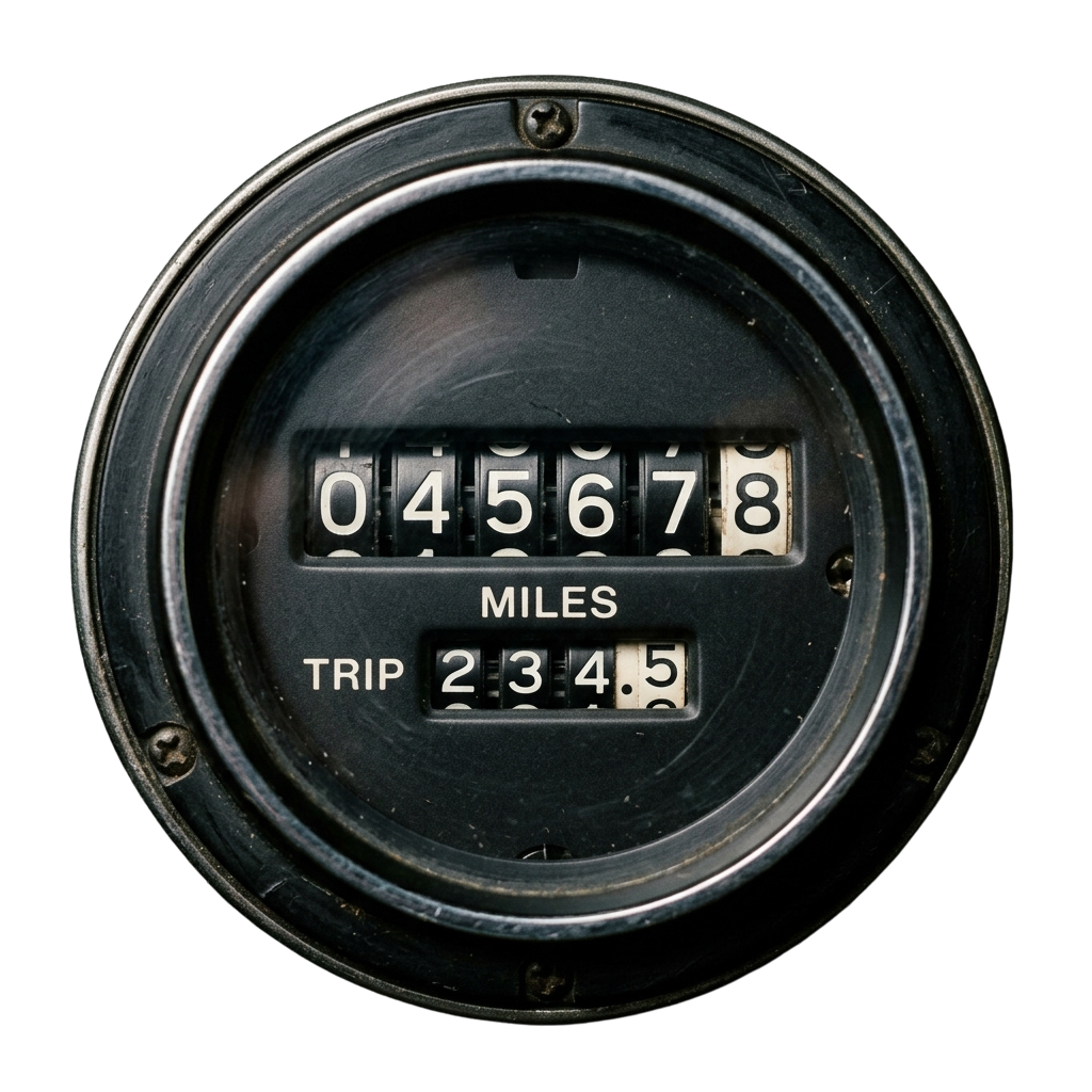 Close-up of an odometer displaying 045678 miles and a trip meter reading 234.5 miles