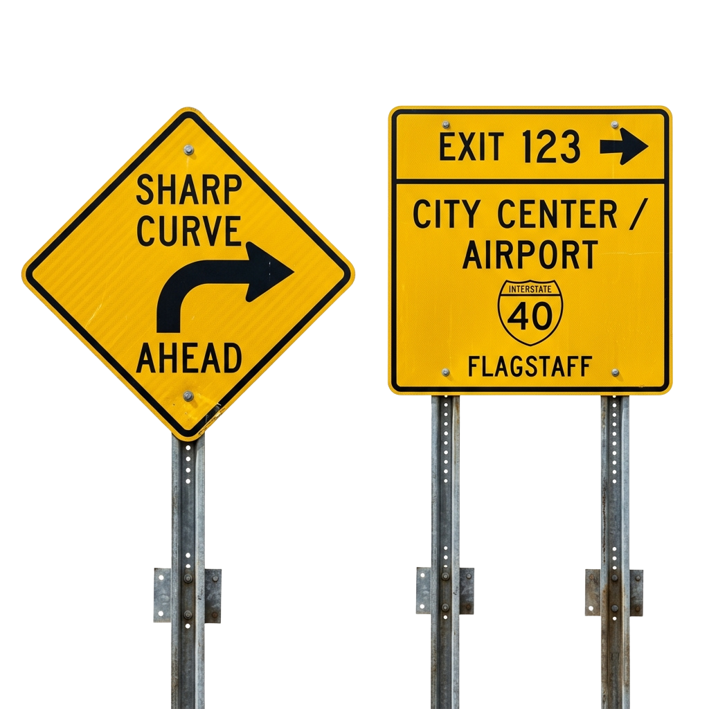 Yellow road signs indicating a sharp curve ahead and exit 123 for city center and airport on Interstate 40