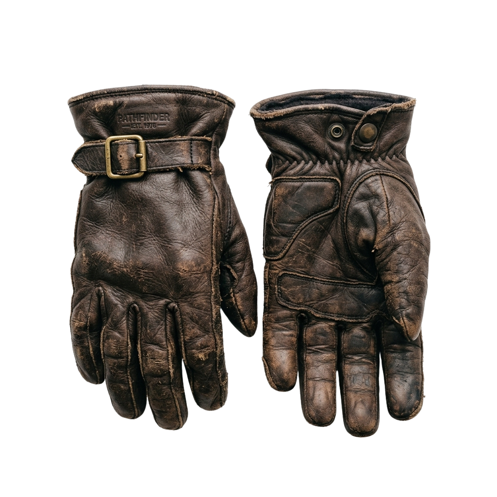 Pair of brown leather gloves with shearling lining and adjustable wrist strap