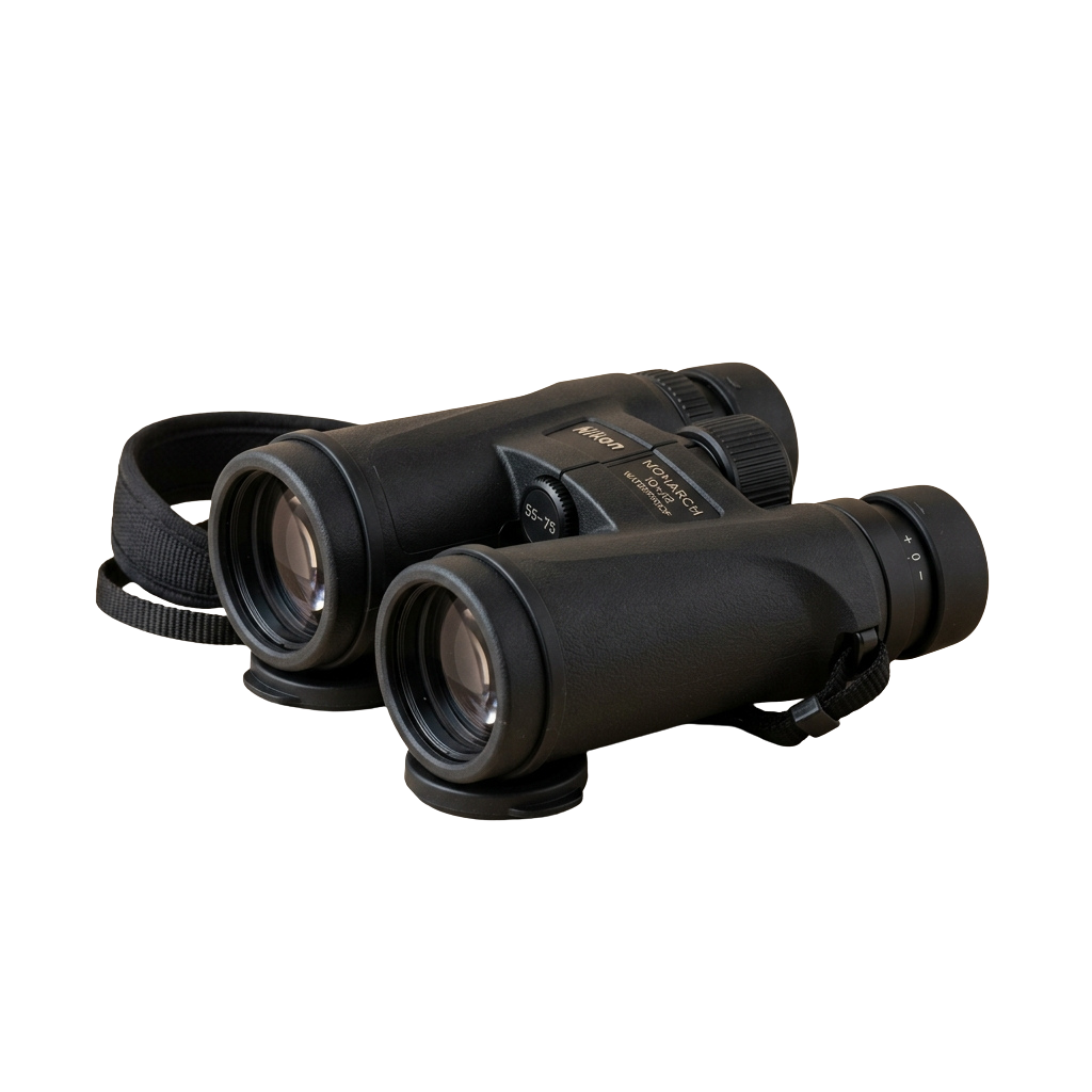 Black binoculars with central focus wheel and eyepiece adjustments