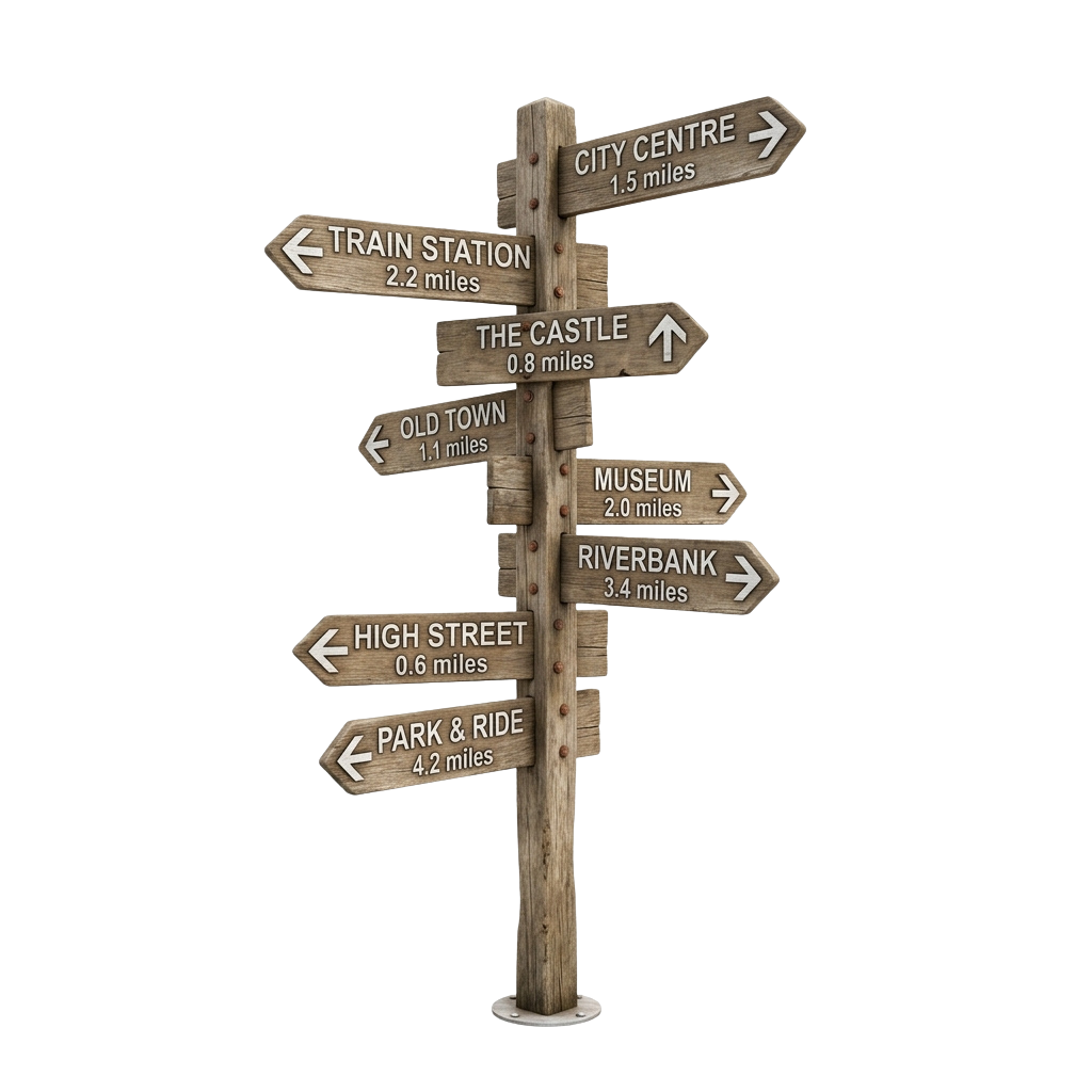A wooden signpost with directional arrows pointing to various city locations and distances