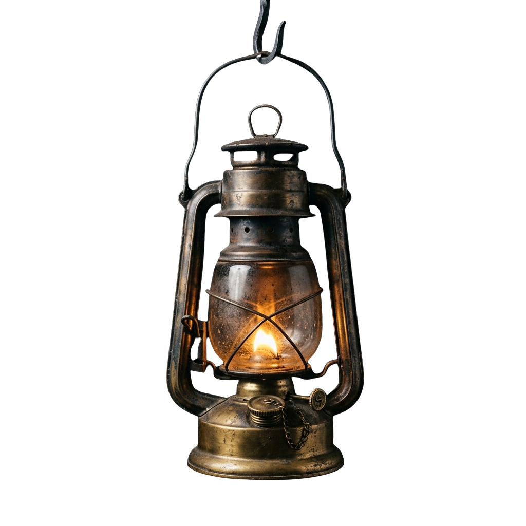 An old-fashioned oil lantern hanging by a hook, emitting a warm glow.
