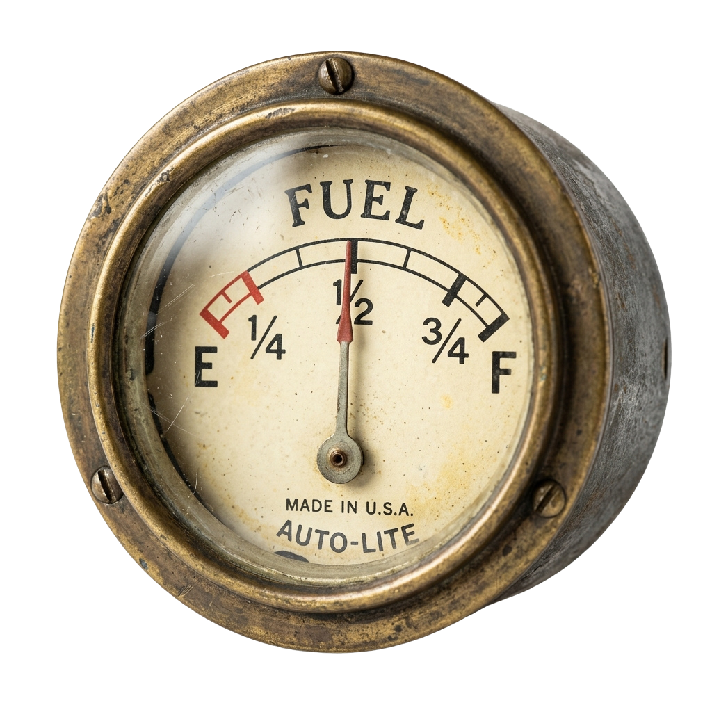 Vintage fuel gauge showing empty tank with E marking and Auto-Lite branding