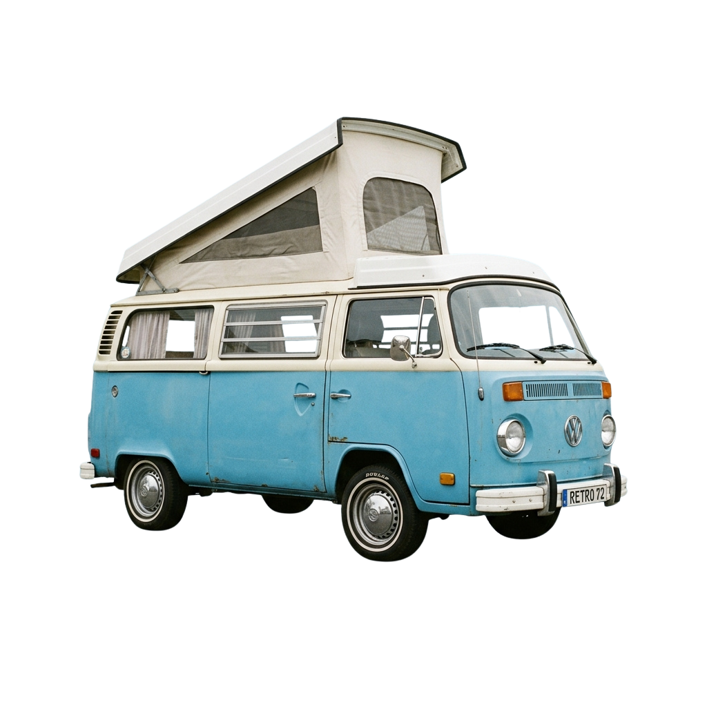 A vintage-style blue camper van with a pop-top roof open, parked against a dark background