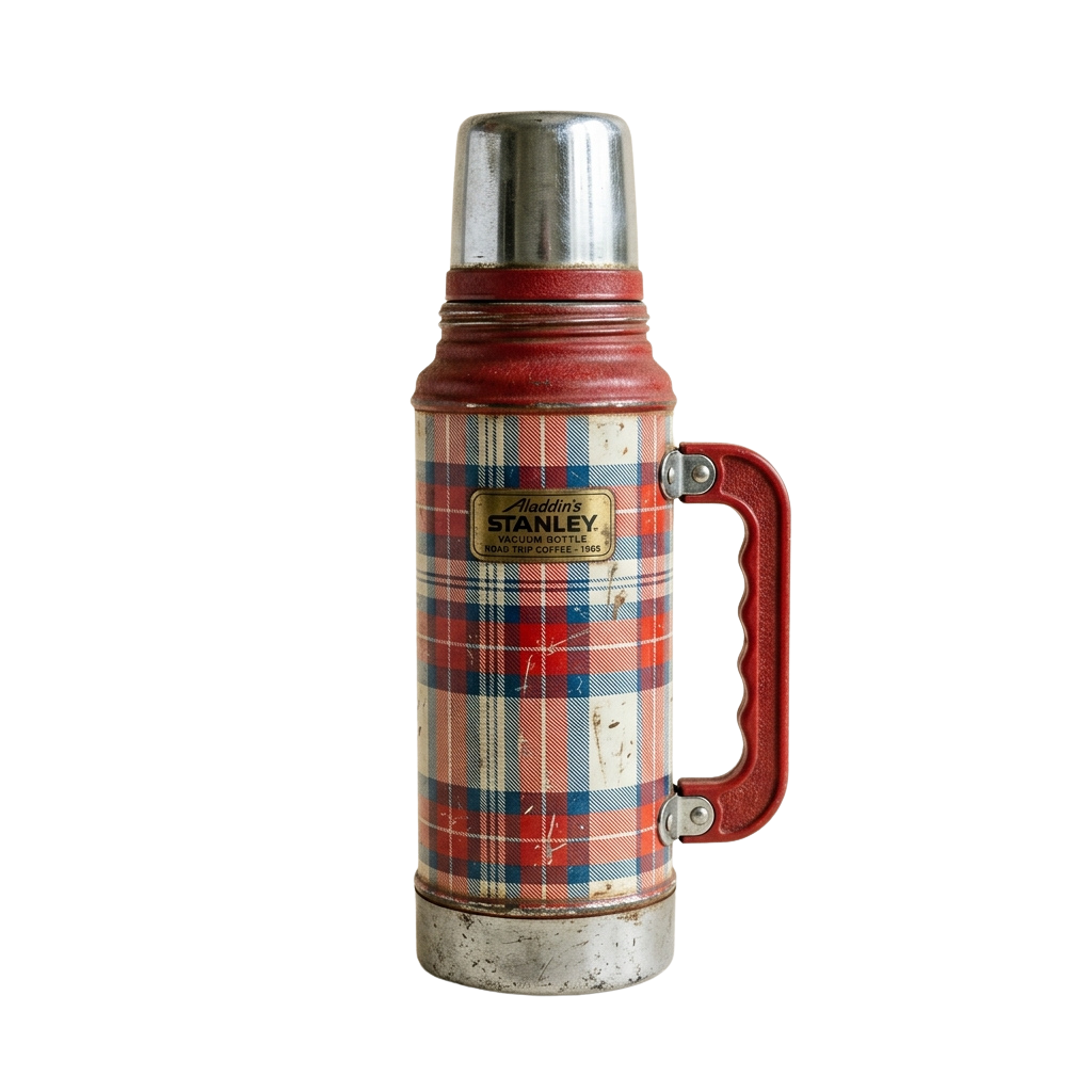 Red and plaid vintage thermos with a metal spout and handle, labeled as a hot coffee bottle