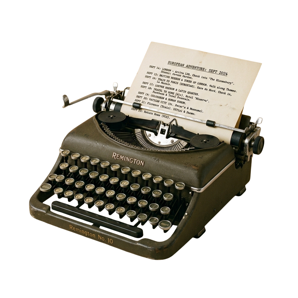 A classic Remington No 10 typewriter with a sheet of paper showing a European travel itinerary for September 2024