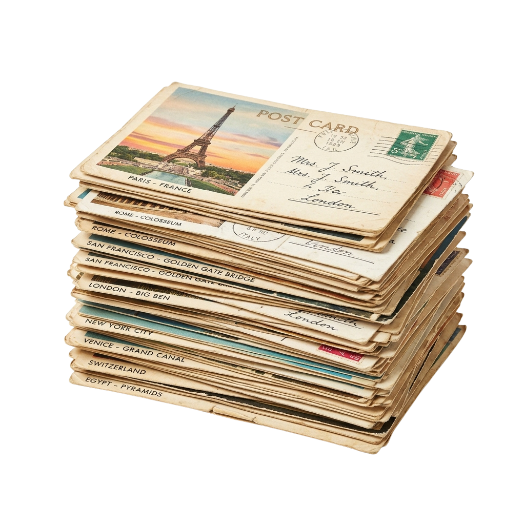 Stack of vintage postcards featuring landmarks from various cities around the world