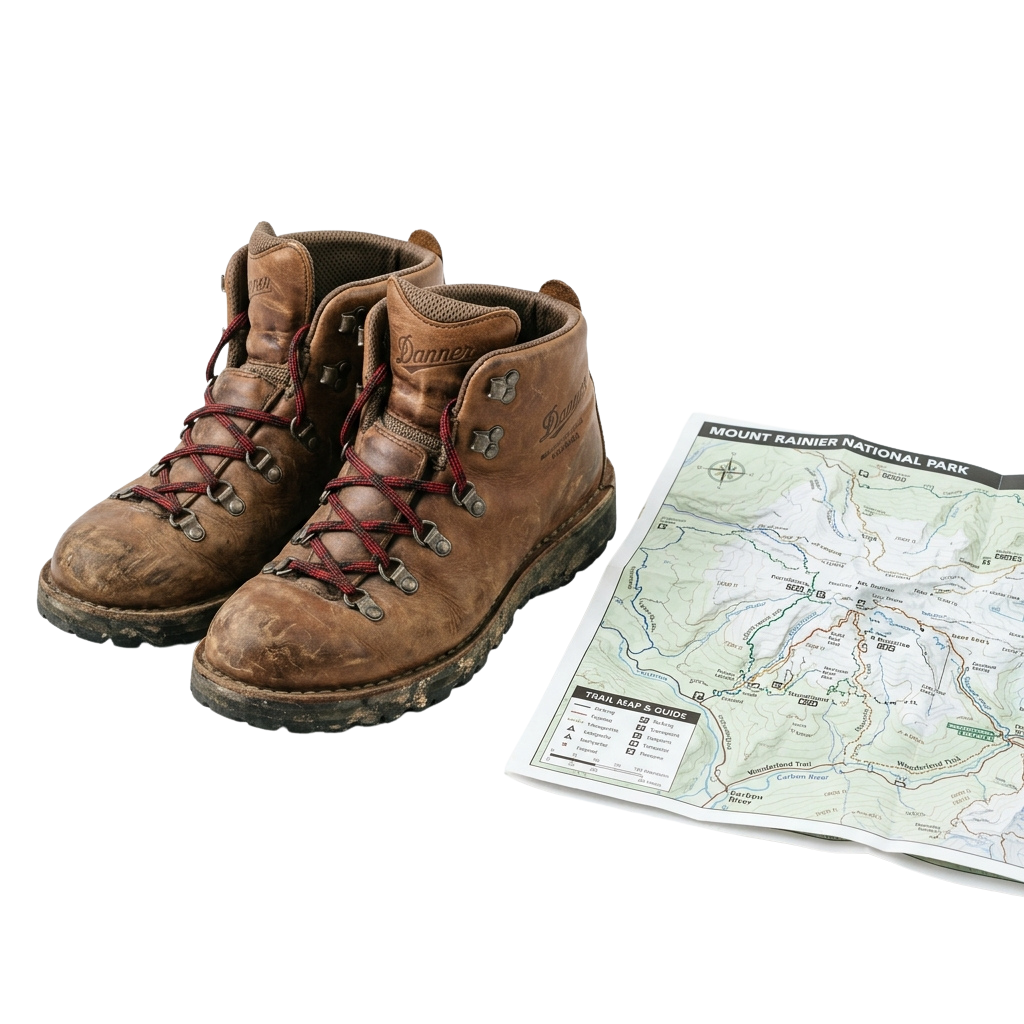 Worn brown hiking boots next to a Mount Rainier National Park trail map