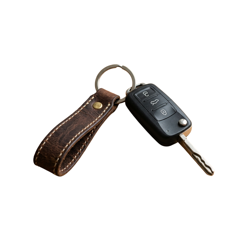 A car key attached to a brown leather keychain with a gold-tone keyring.