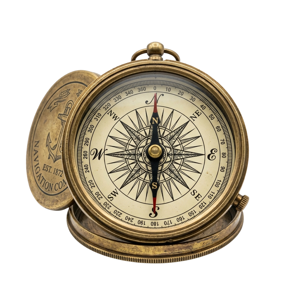 Antique brass pocket compass with detailed directional markings and a ship emblem on the lid.