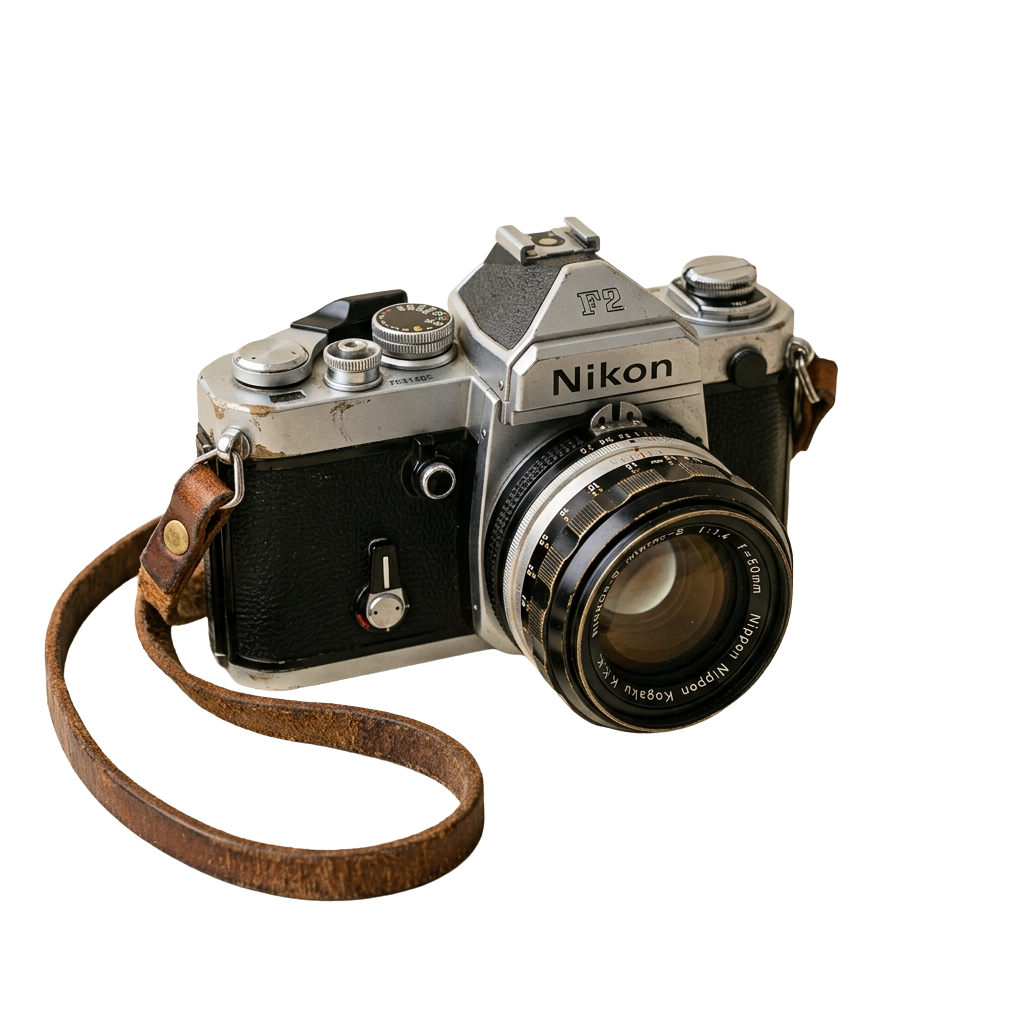 A classic silver Nikon F2 film camera with a leather strap and 50mm lens.