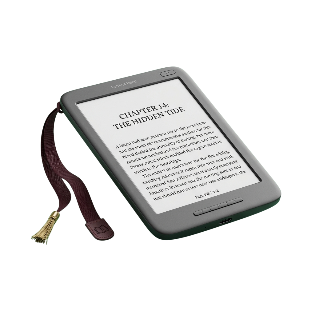 E Ink e-reader displaying a book chapter titled The Hidden Tide with text visible on the screen and a strap attached