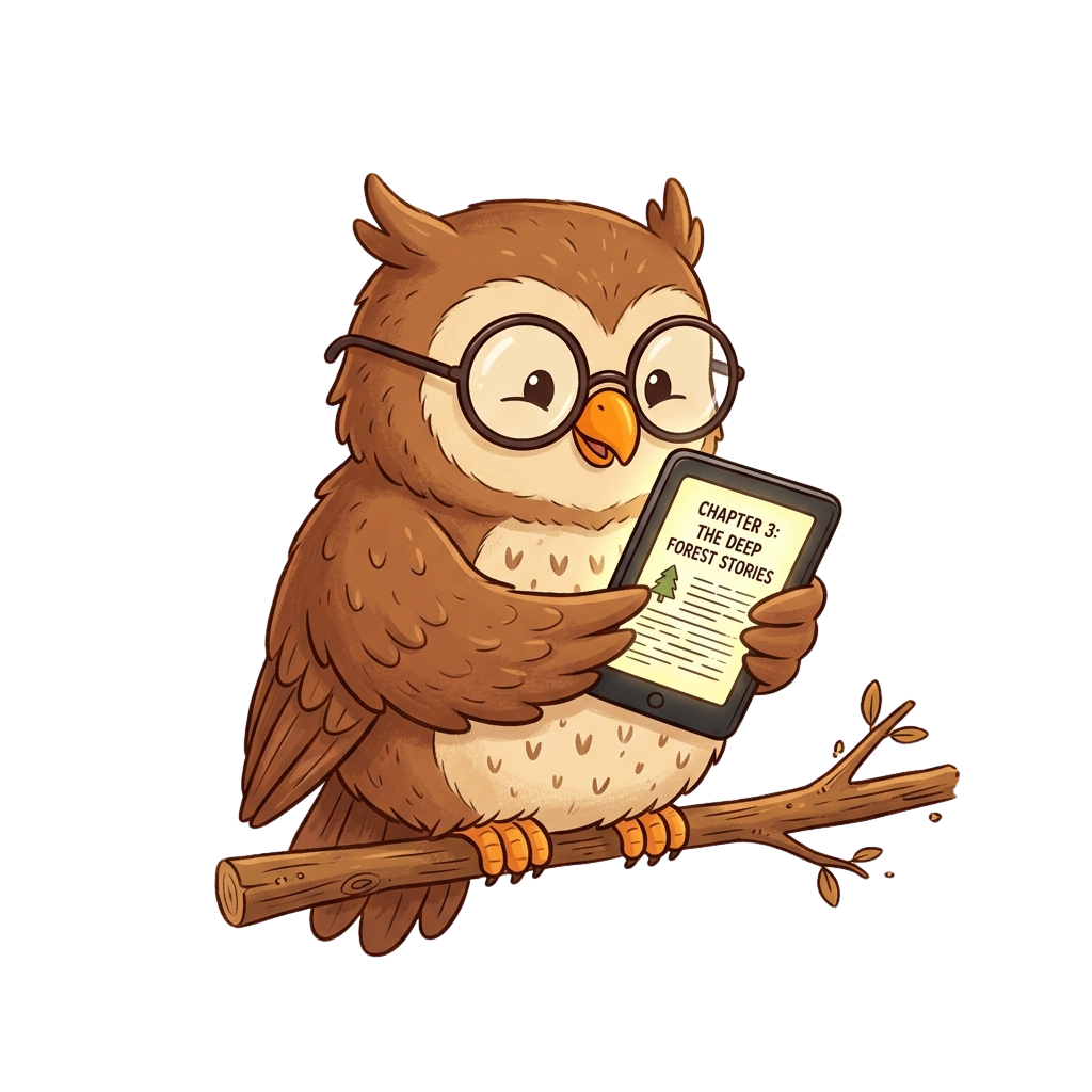 An owl wearing glasses holds a tablet displaying Chapter 3 titled The Deep Forest Stories
