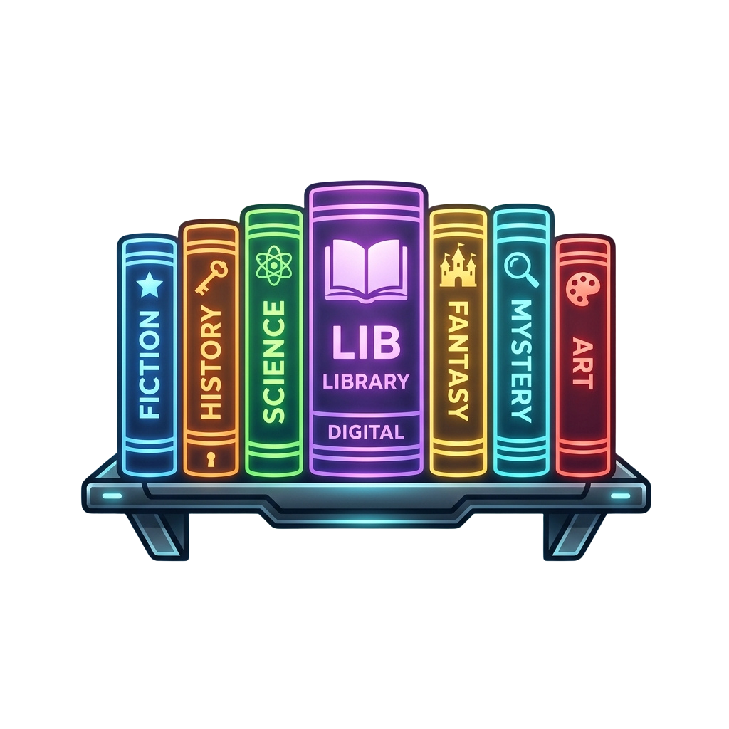 Neon sign showing categories of a digital library with books labeled Fiction, History, Science, Fantasy, Mystery, and Art