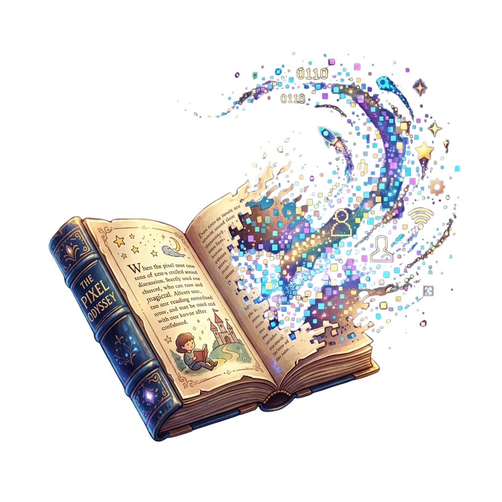 An open book with digital binary code and futuristic icons bursting from its pages, symbolizing digital transformation and technology.