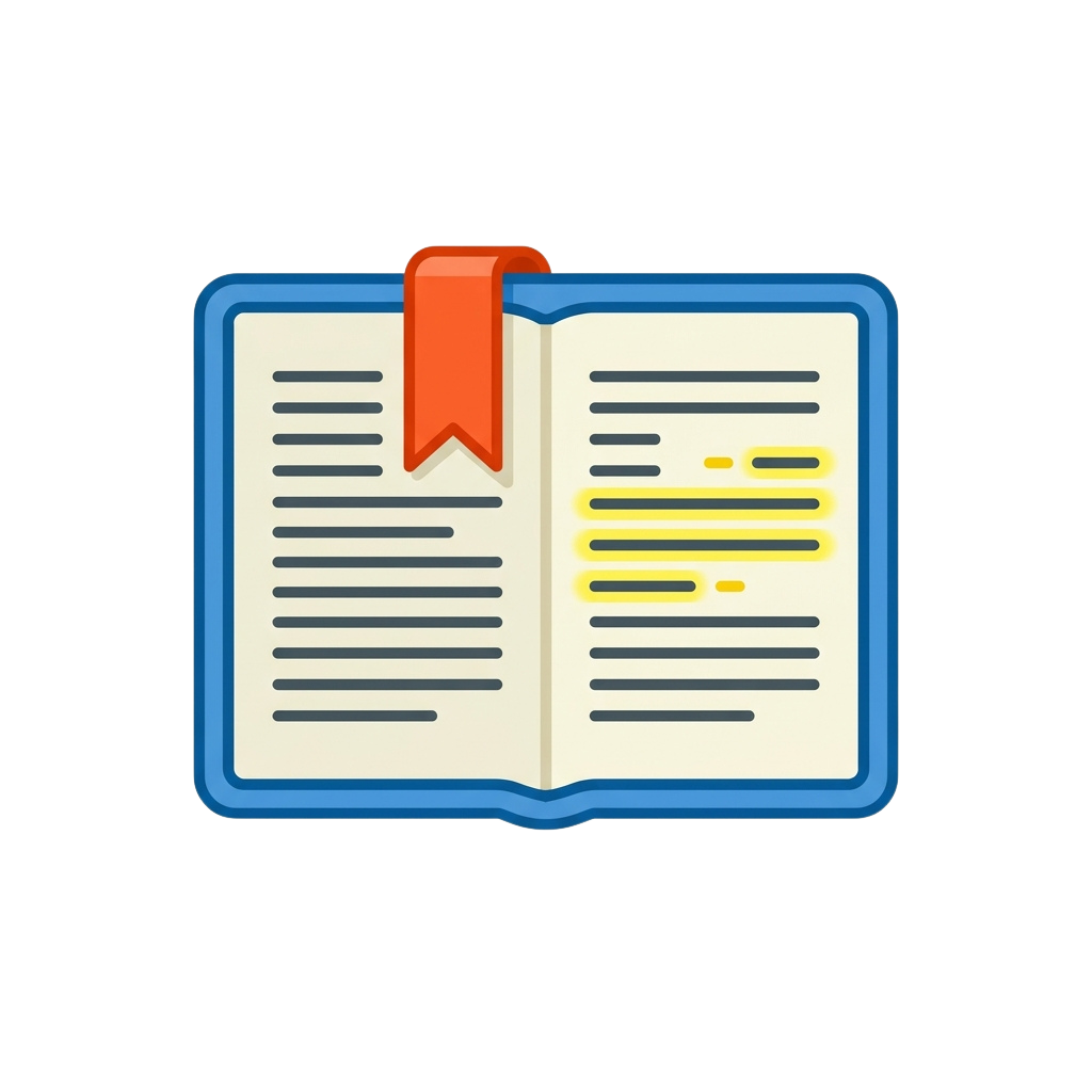 Open book icon featuring a bookmark and highlighted text on a page