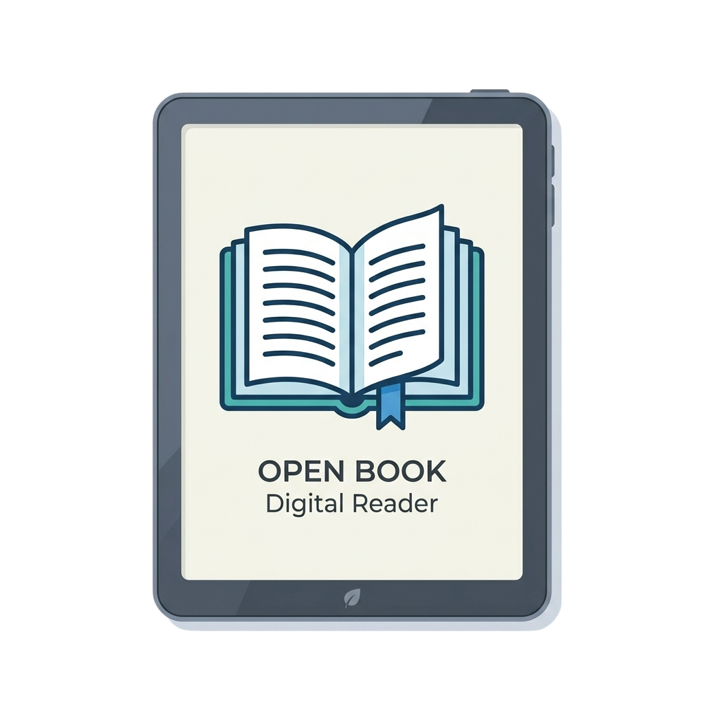Illustration of an open book on a tablet screen labeled Open Book Digital Reader
