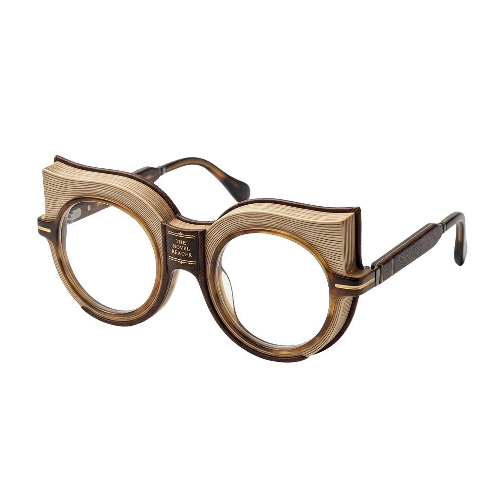 A pair of round-framed glasses made from layered wooden material with a brownish hue and black straps.
