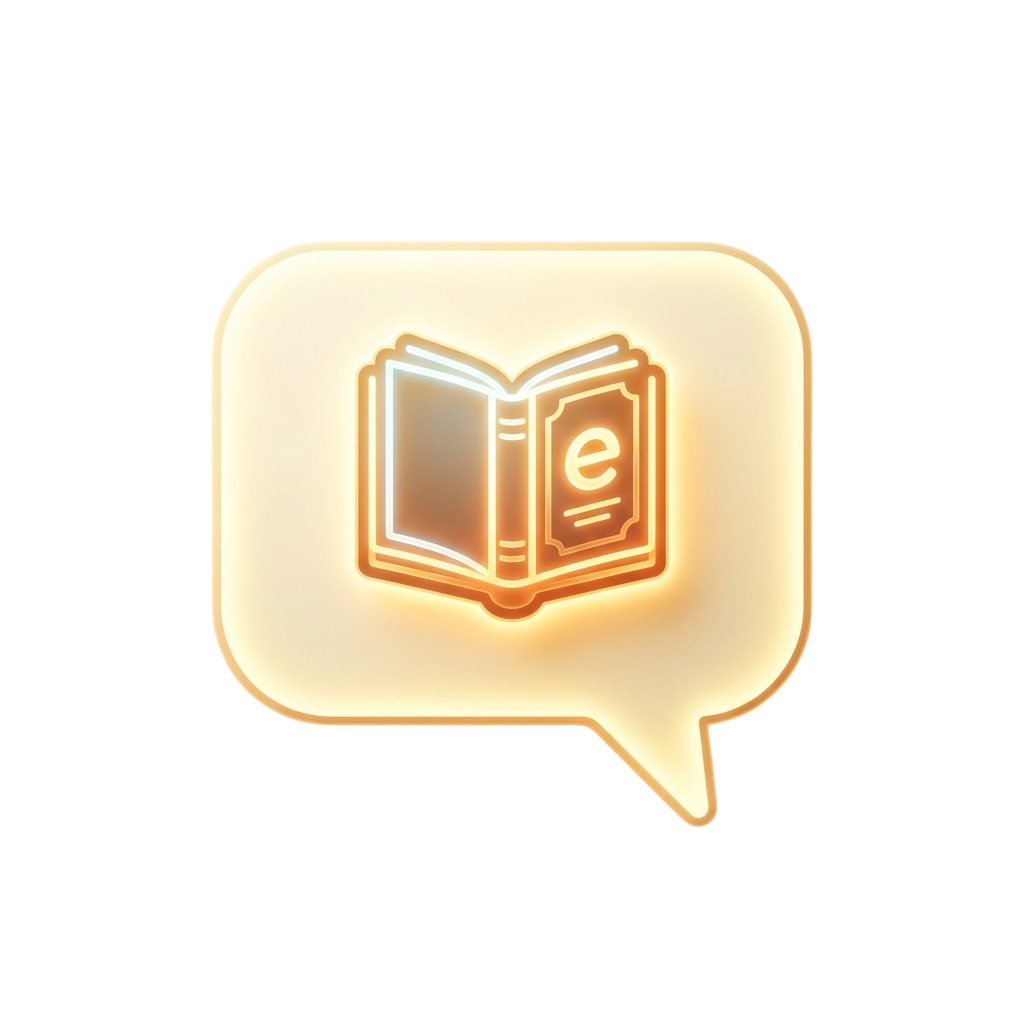 Speech bubble icon featuring an open book with an e symbol inside