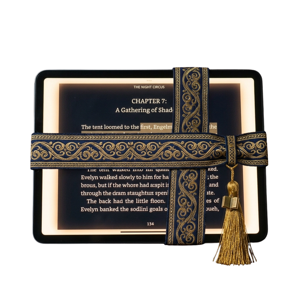 A tablet displaying an e-book page titled Chapter 7 with a decorative bookmark strap featuring intricate gold embroidery and a tassel.