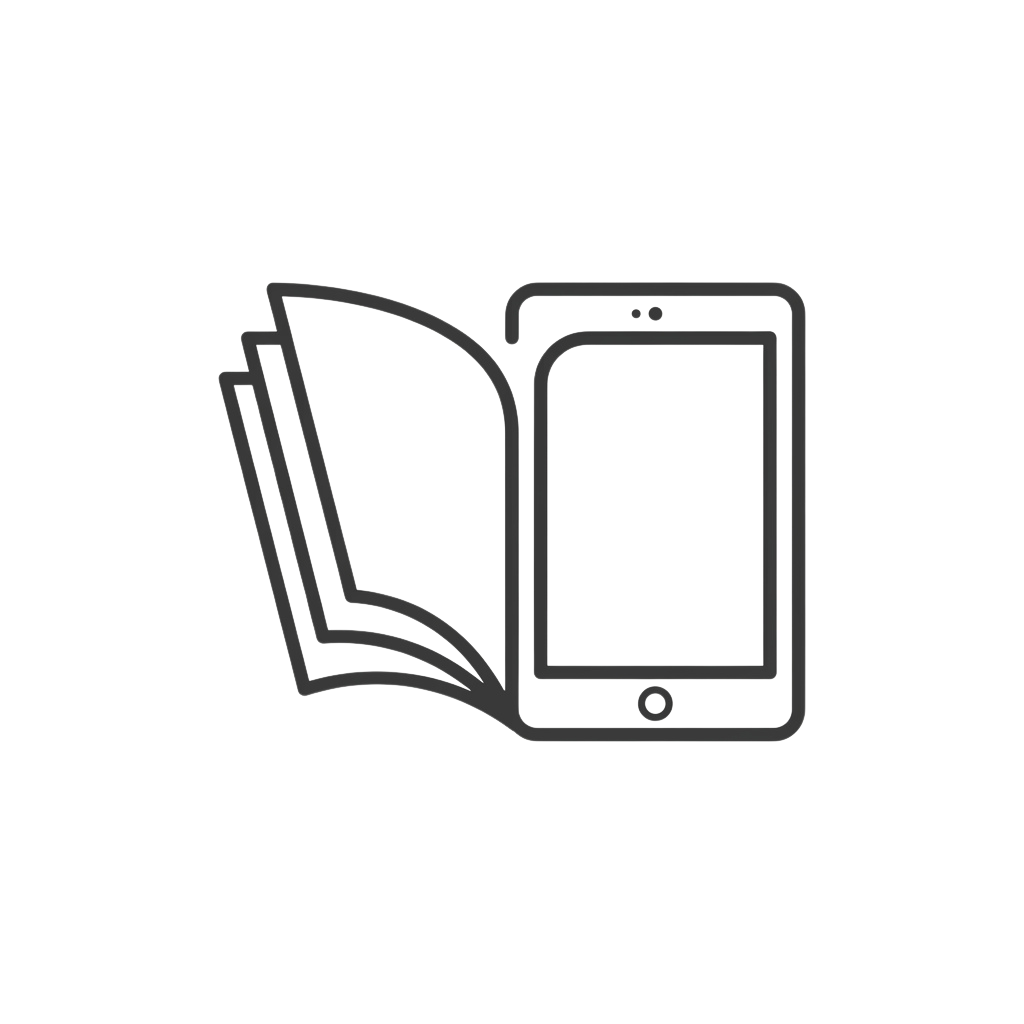 An open book with an ebook reader placed inside the pages, shown in a stylized line drawing.