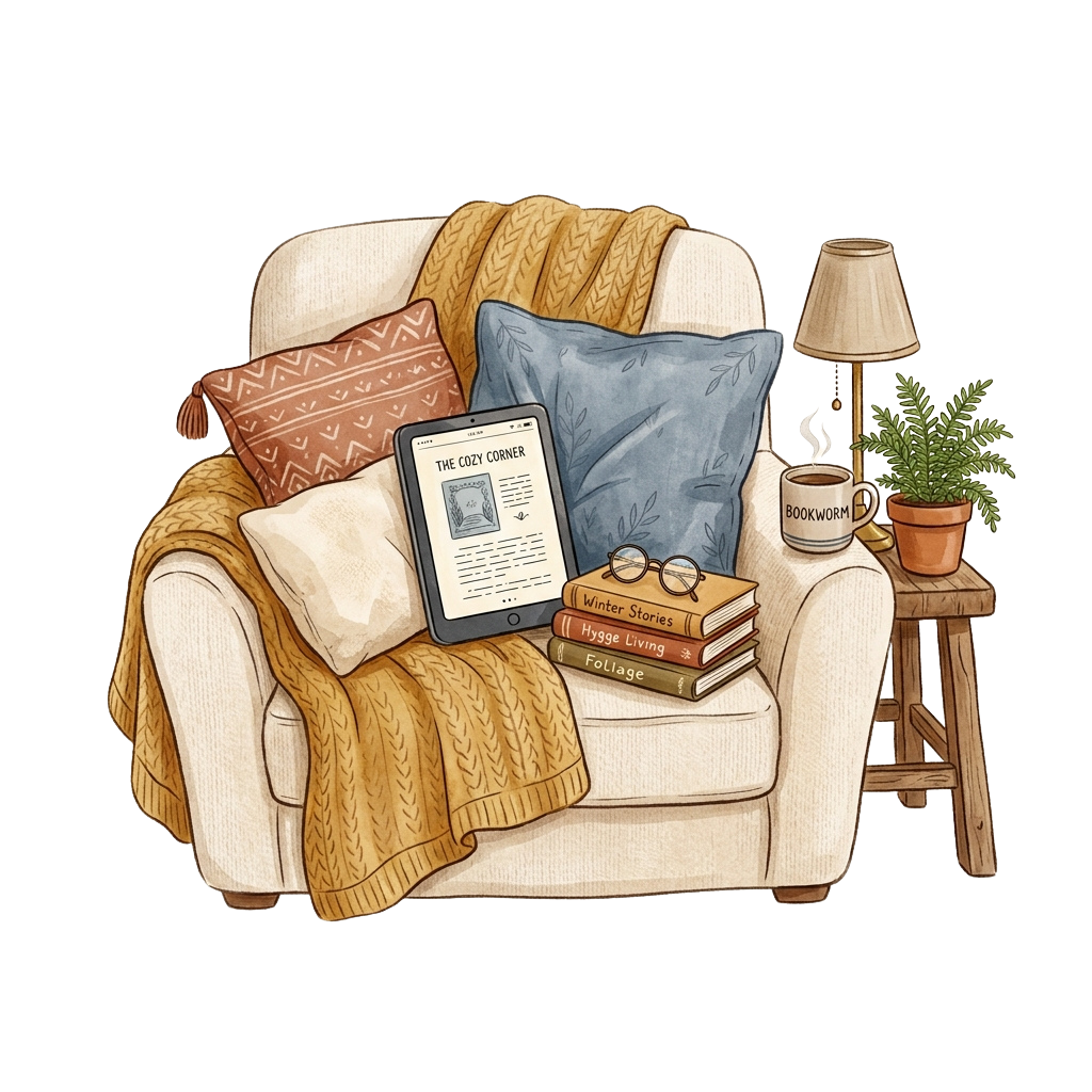 A comfortable armchair with a knitted blanket, books, an eReader, a cup of coffee, and a small potted plant.