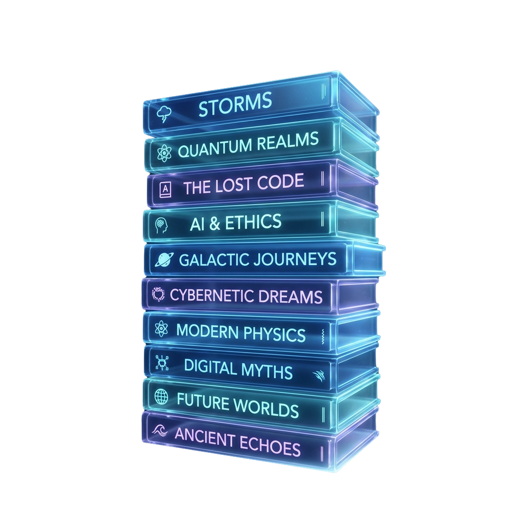 Nine glowing blue book covers stacked vertically, each labeled with futuristic themes like storms, quantum realms, and AI ethics.