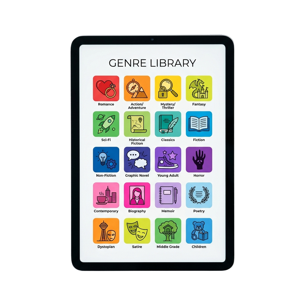 Tablet screen showing colorful icons for 18 book genres like Romance, Sci-Fi, Mystery, and Children.
