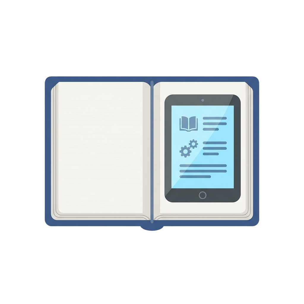 An open book with a tablet displaying an ebook icon and document on its screen.