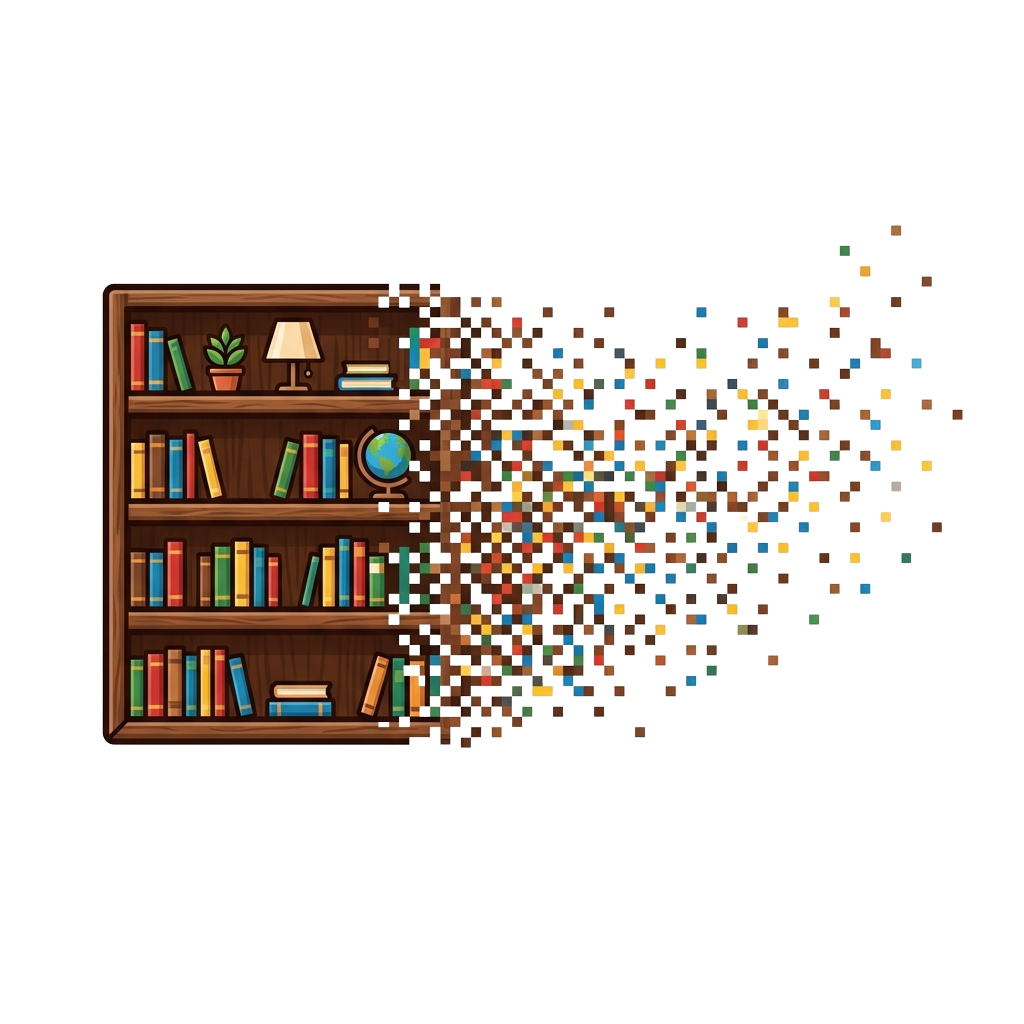 A wooden bookshelf with books, lamp, and globe exploding into colorful digital pixels
