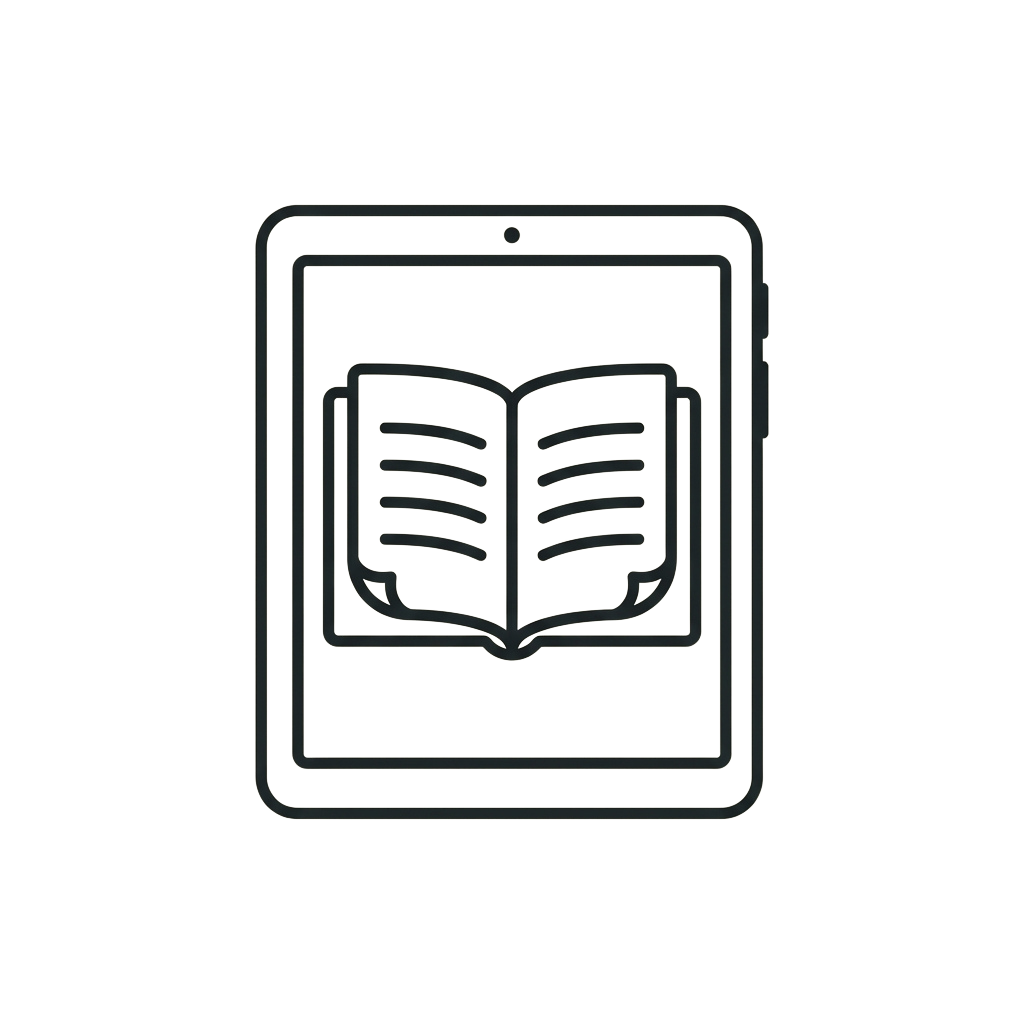 A tablet device displaying an open book icon on its screen