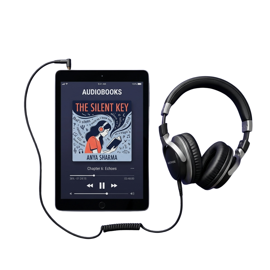 Tablet displaying an audiobook cover titled The Silent Key by Anya Sharma with headphones connected.