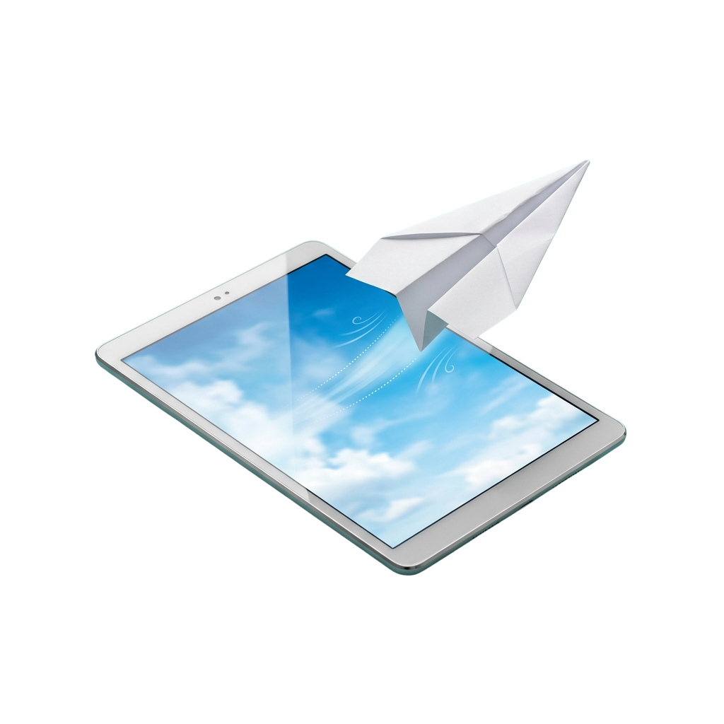A white tablet displaying a blue sky with clouds, launching a white paper airplane from its top edge.