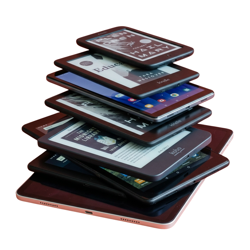 Five tablets stacked on top of each other displaying various ebook apps and home screens