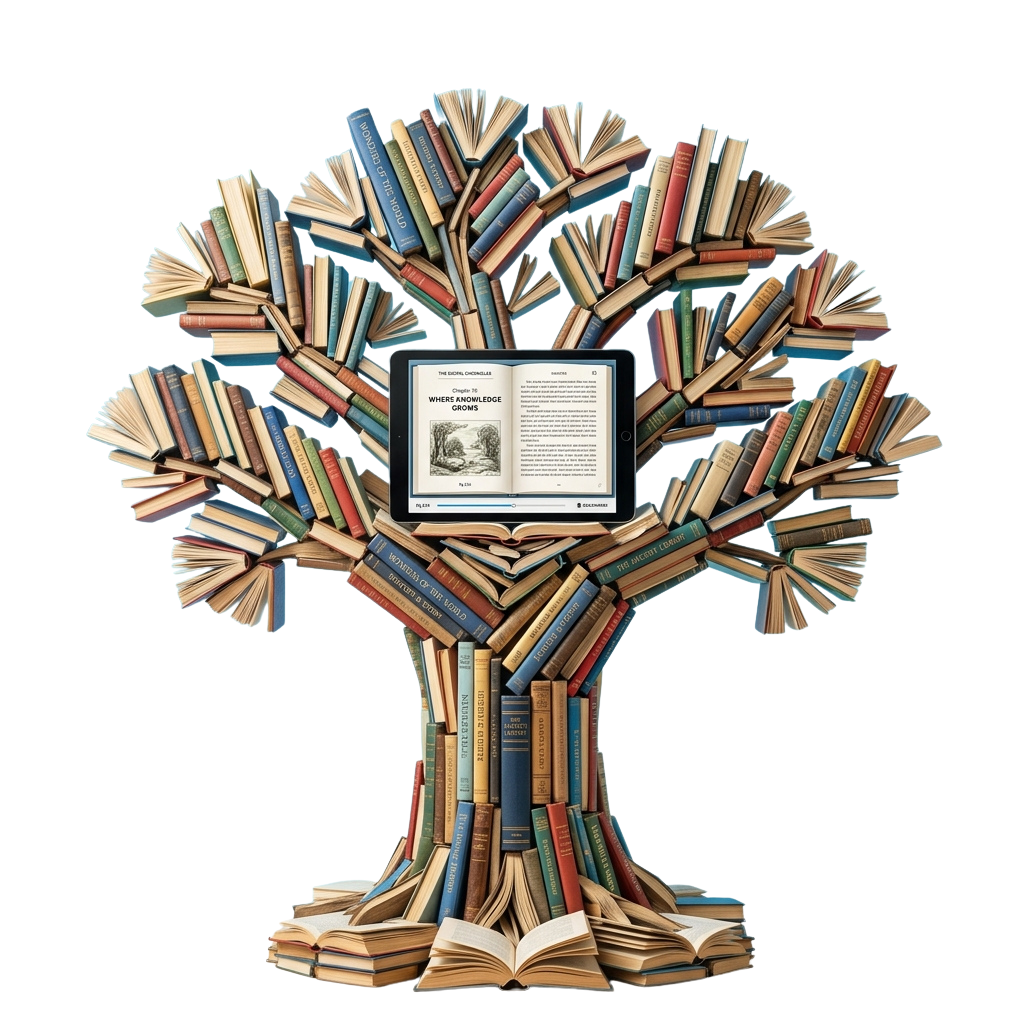 A tree made entirely of books with an e-reader tablet showing a book page in its center.