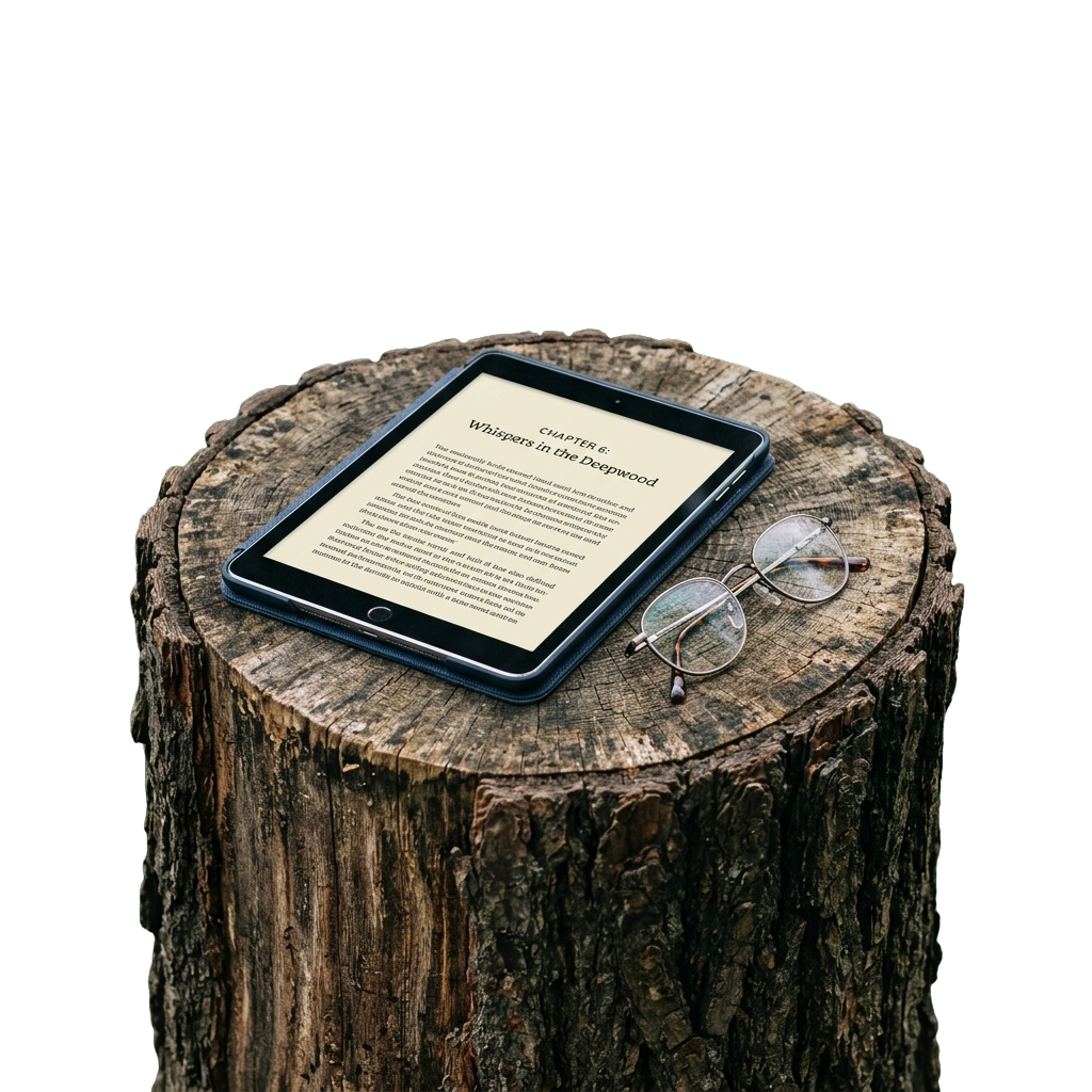 Tablet displaying an ebook chapter on a tree stump with a pair of glasses resting beside it