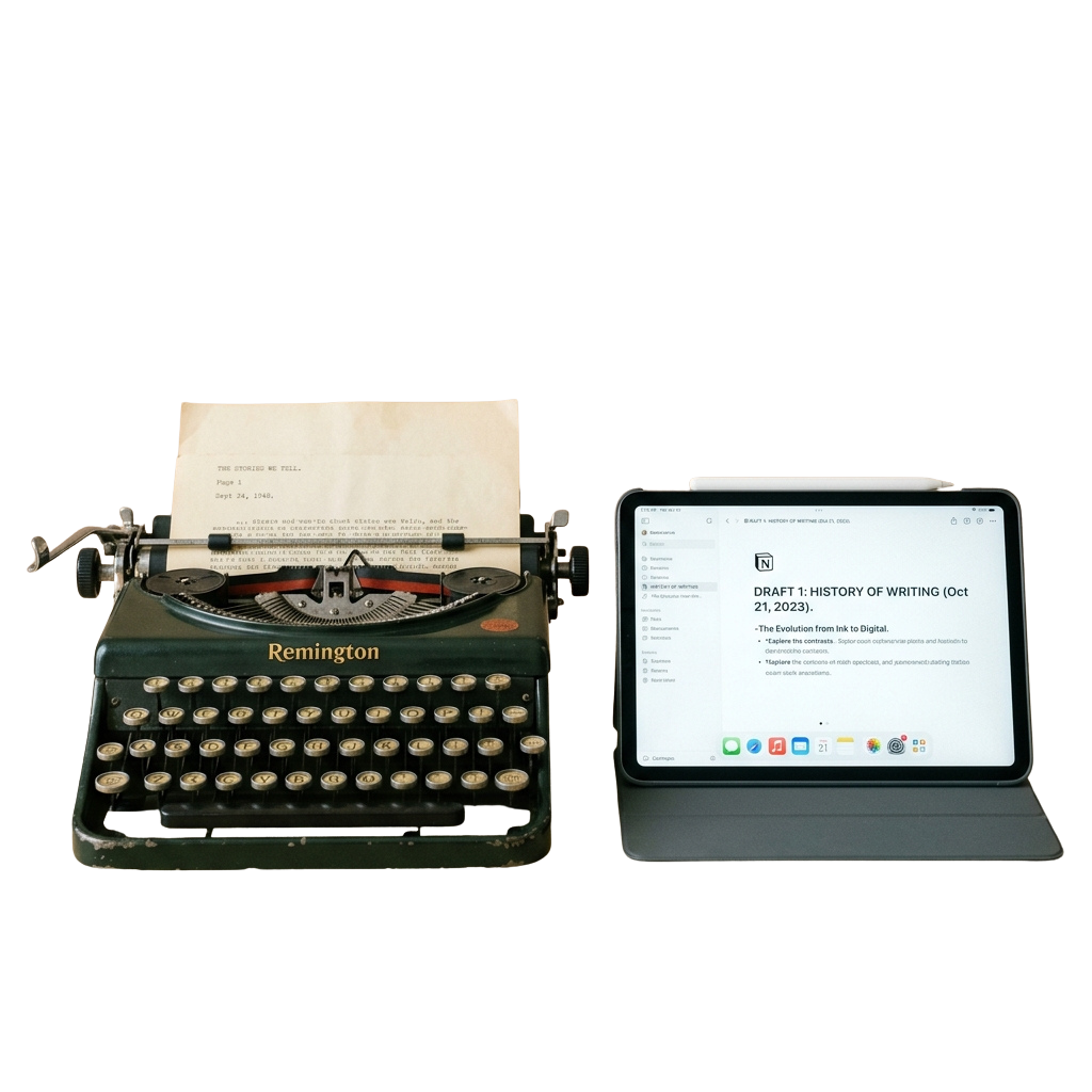 A vintage Remington typewriter with paper beside a tablet displaying a digital document titled History of Writing
