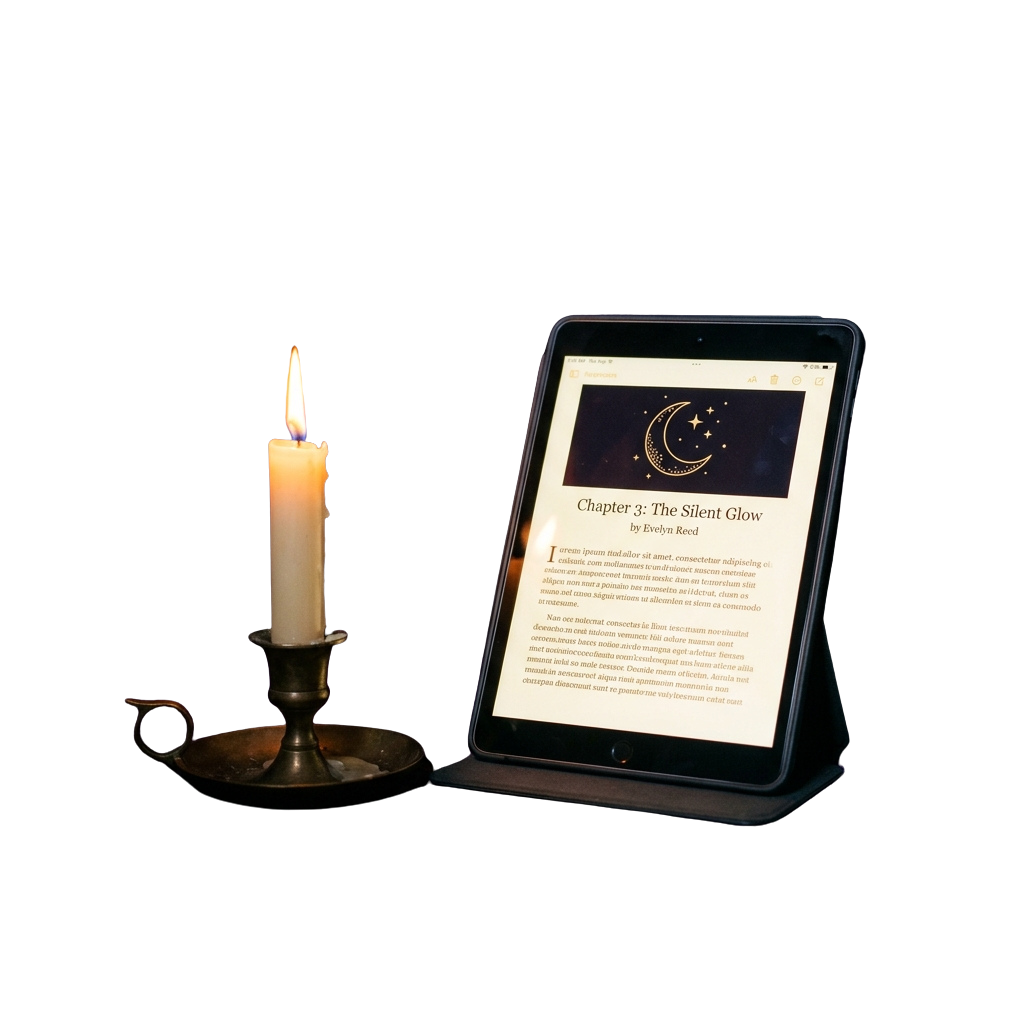 A lit candle beside a tablet displaying a book chapter titled The Silent Glow