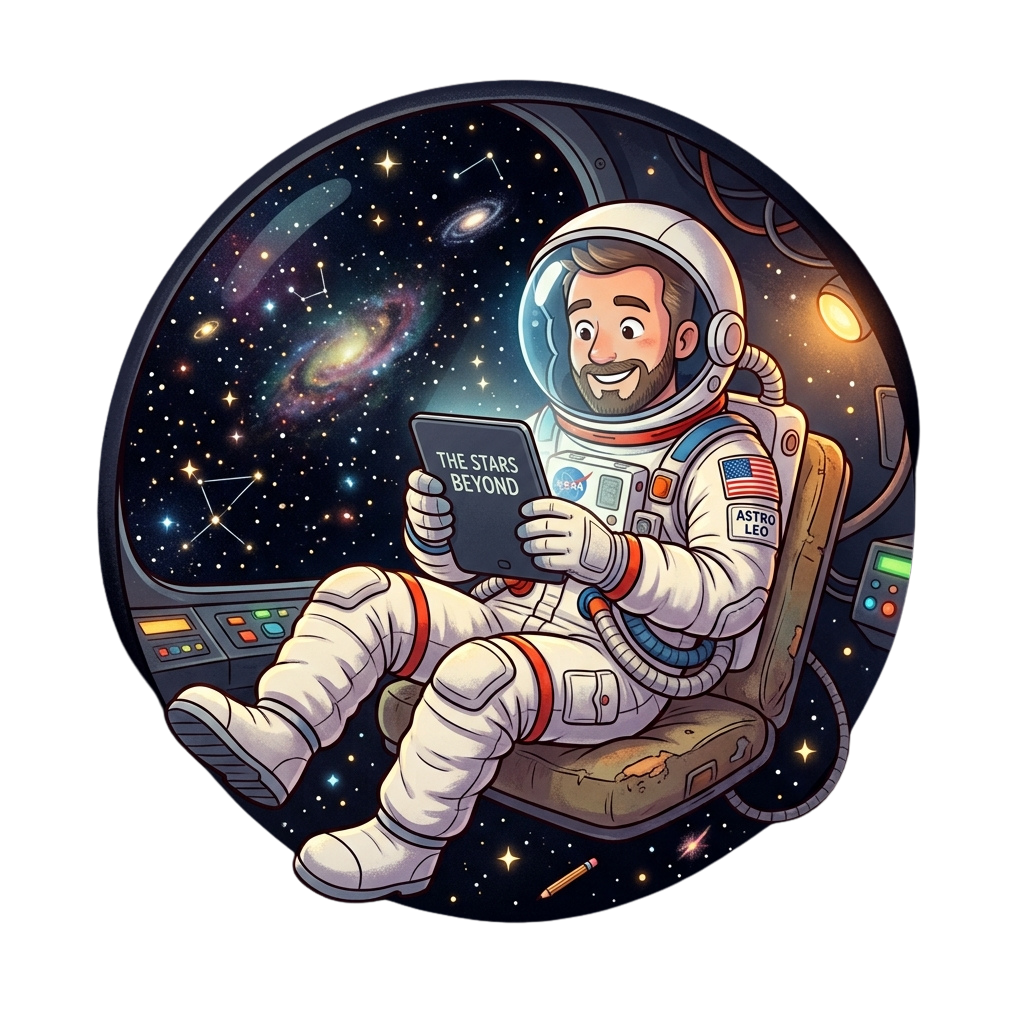 An astronaut in a spacesuit sitting inside a spacecraft, smiling while holding a tablet displaying stars and galaxies