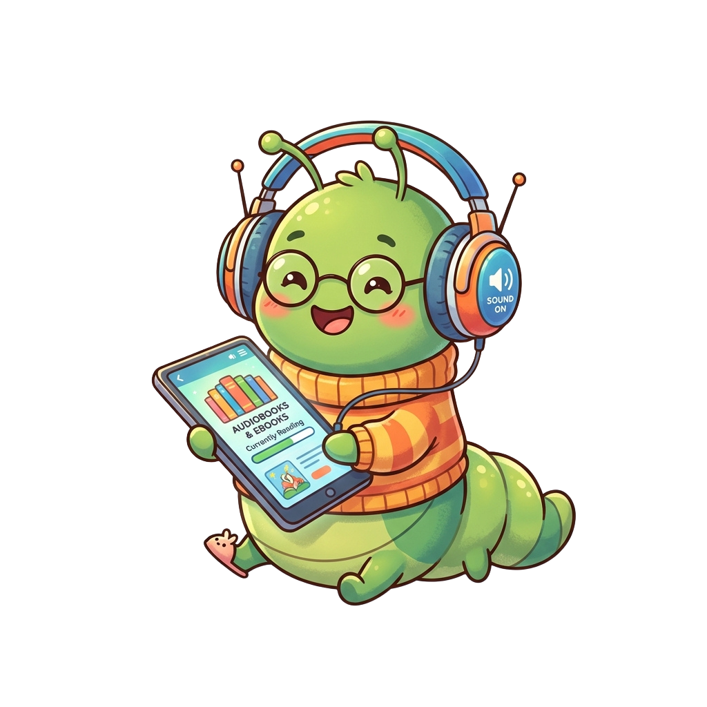 A cheerful cartoon caterpillar wearing glasses and headphones listens to audiobooks on a tablet device.