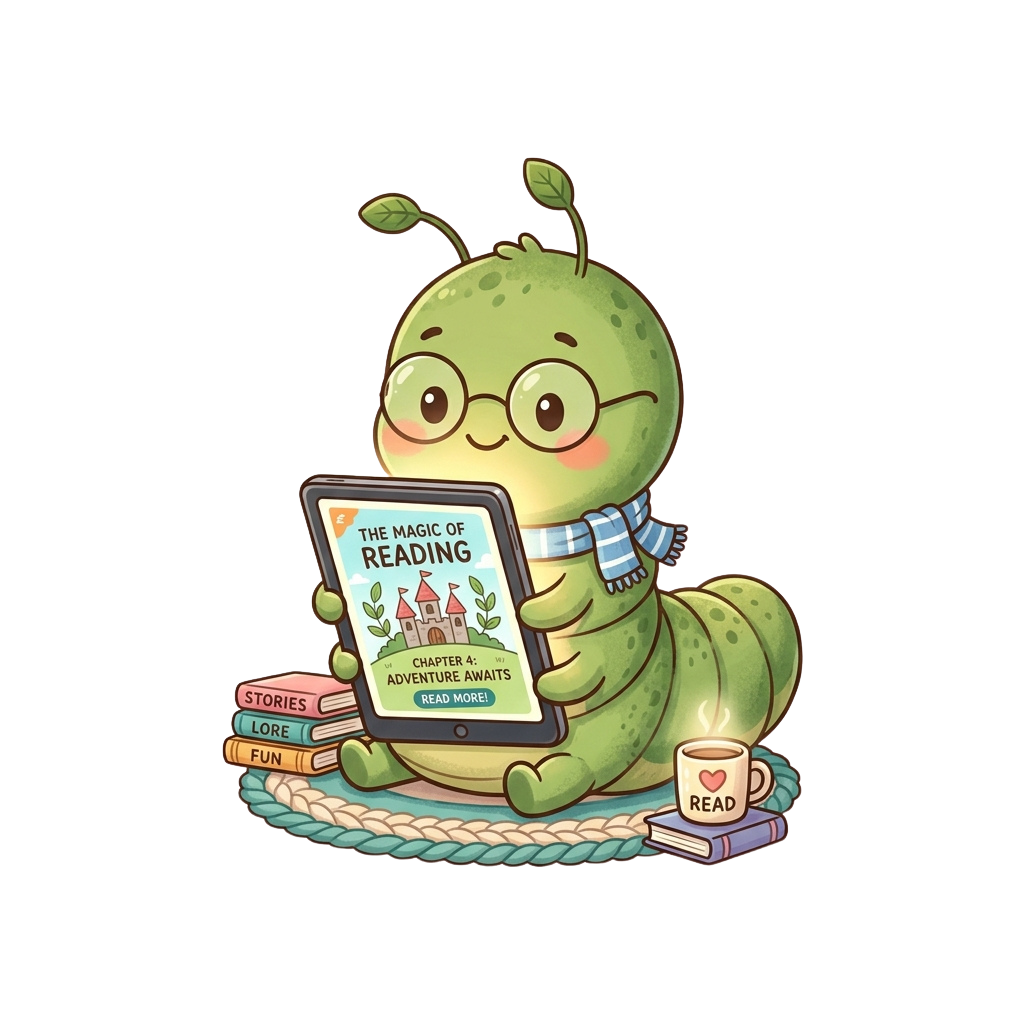 A cheerful caterpillar wearing glasses and a scarf reads a tablet showing The Magic of Reading with books and a coffee cup nearby