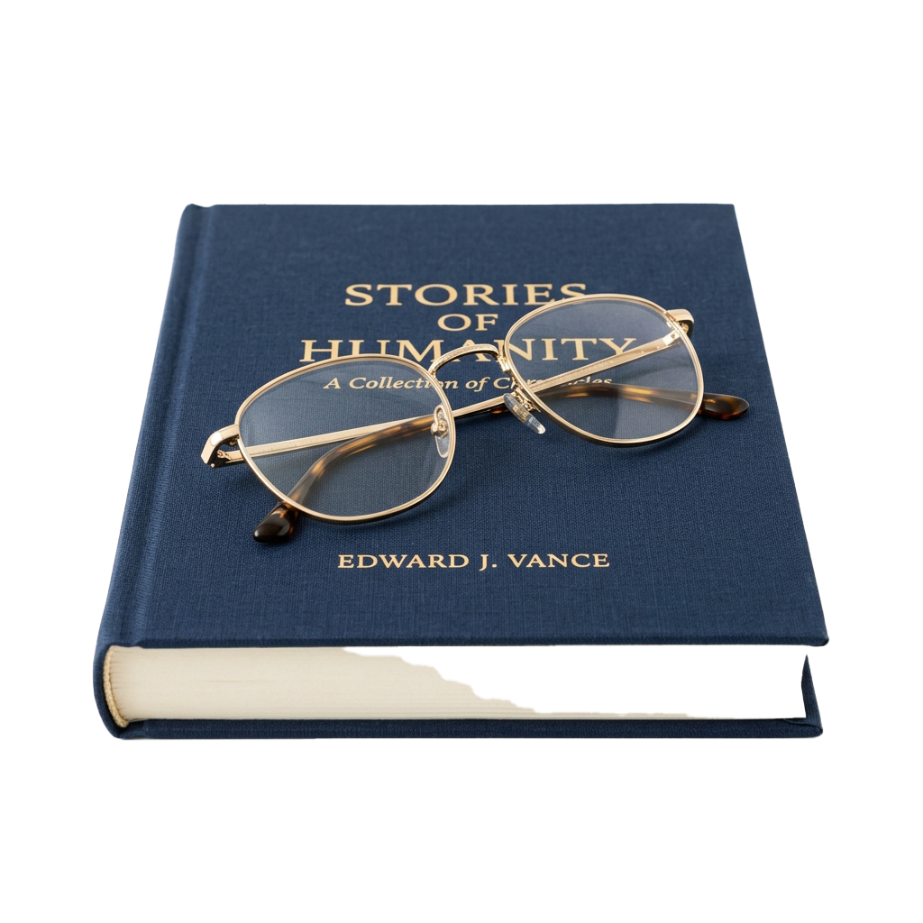 Dark blue book titled Stories of Humanity with glasses resting on top