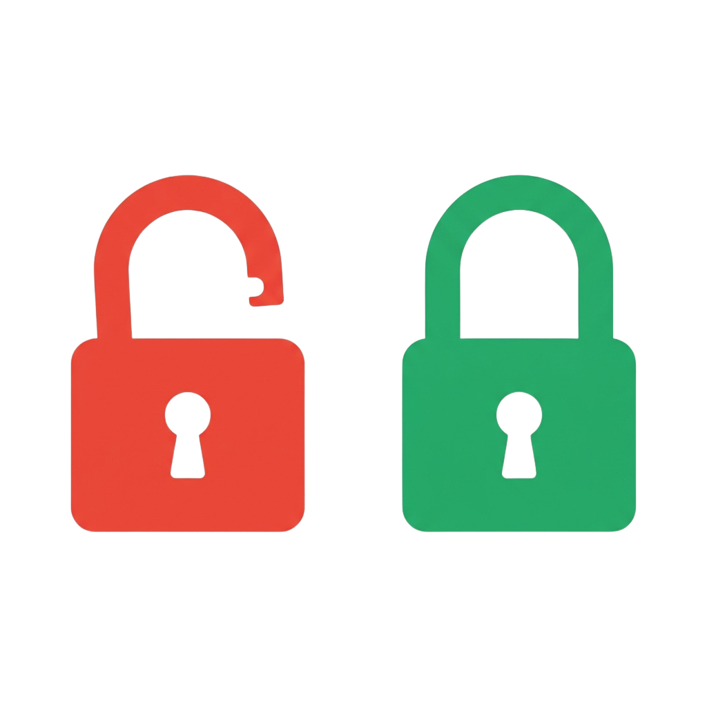 Two padlock icons side by side: one red unlocked padlock with open shackle, one green locked padlock with closed shackle