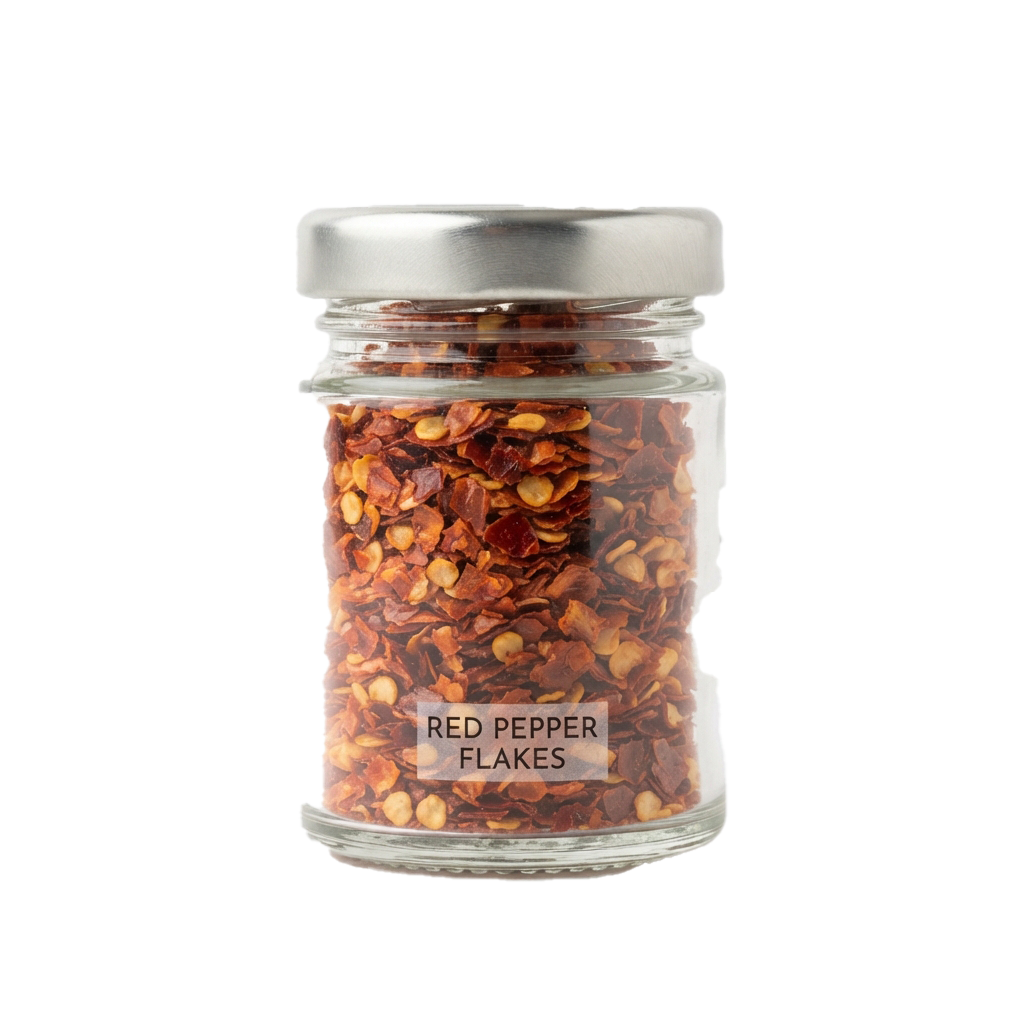 A clear glass jar filled with red pepper flakes and a metal lid.