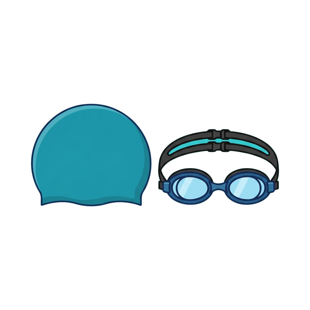Illustration of a blue swimming cap and matching goggles on a black background