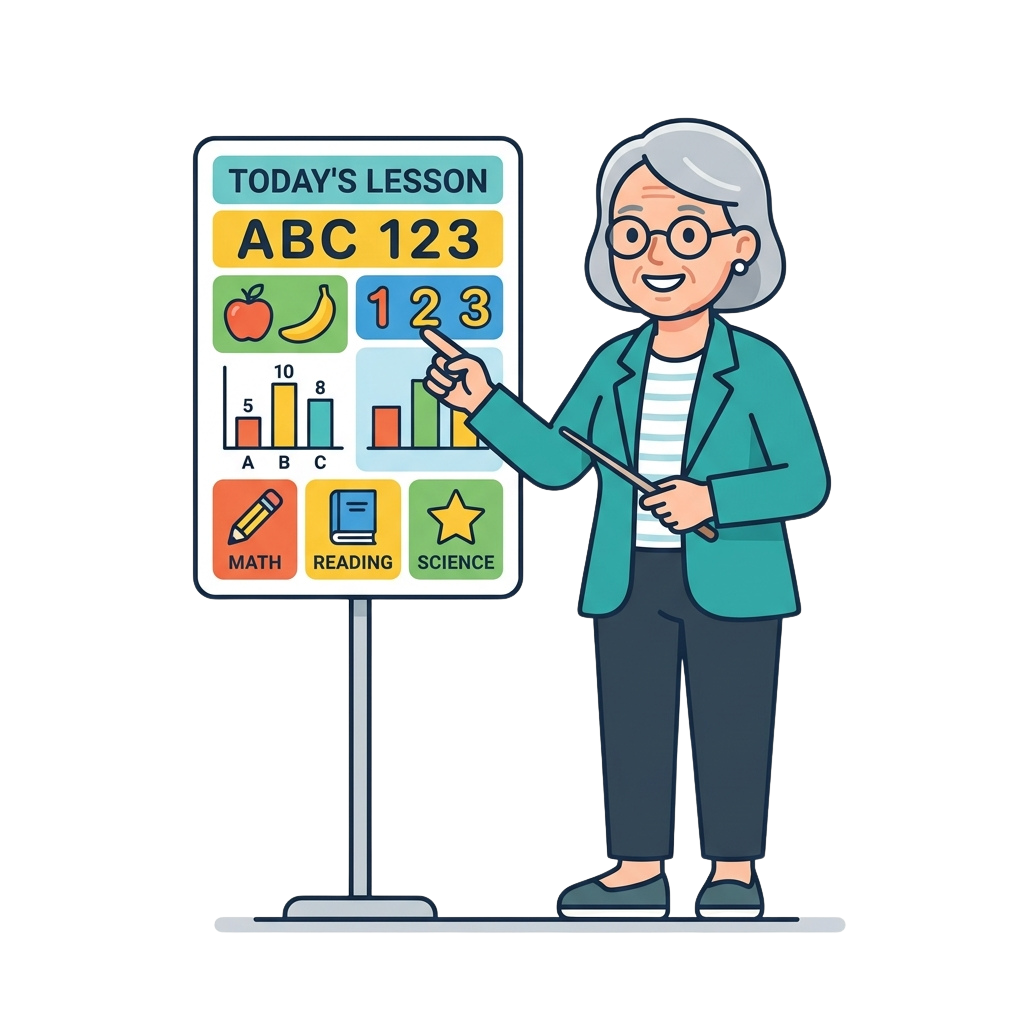Elderly teacher pointing at a colorful lesson board with ABC, numbers, fruits, bar chart, and subject icons