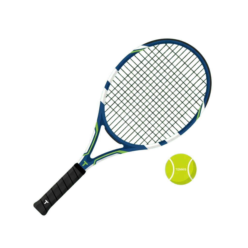 A blue and white tennis racket with green strings and a yellow tennis ball