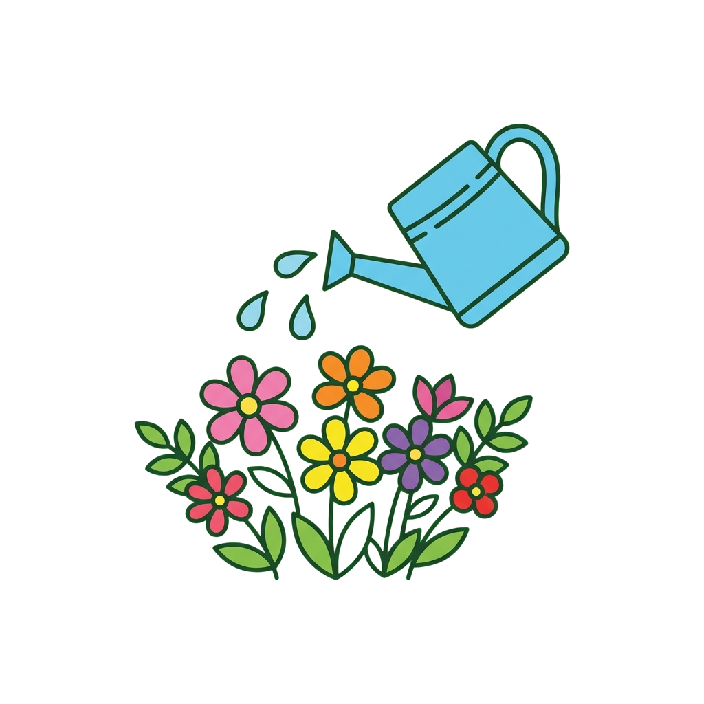A watering can pouring water onto a cluster of colorful flowers with green leaves