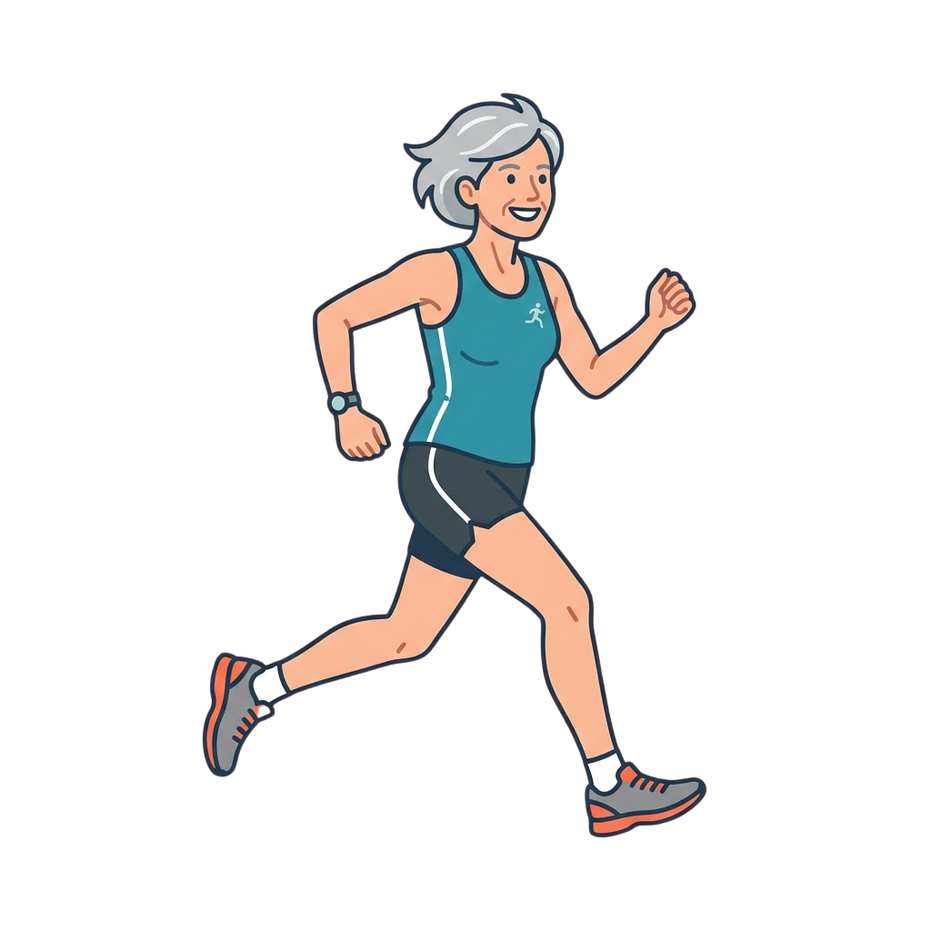 A smiling older woman running outdoors in athletic clothing and sneakers